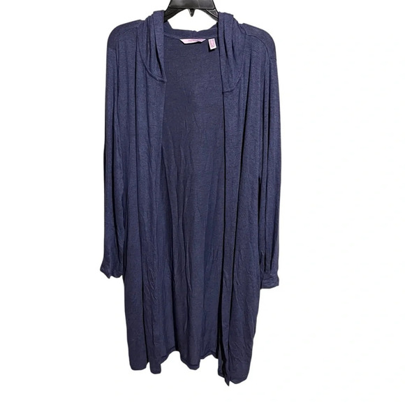 Any Body All Seasons Duster Cardigan Blue Knit Swim Cover Up Size Medium Hood - Picture 1 of 7